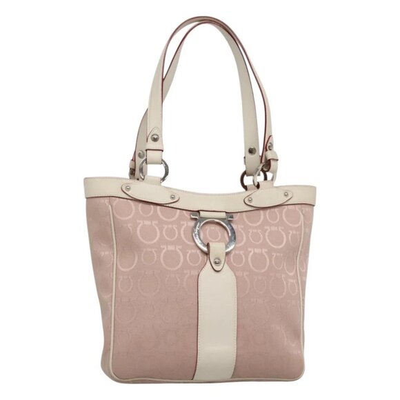 Salvatore Ferragamo Gancini Tote Bag Canvas Leather Pink Silver Auth BA3467 - Picture 1 of 16